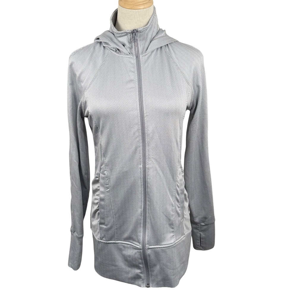 Mondetta Women XS Full Zip Hooded Performance Jacket Grey Herringbone Thumbholes